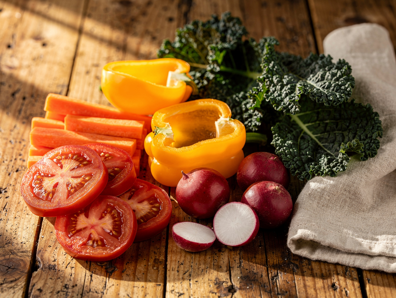 A vibrant spread of fresh seasonal vegetables, whole grains, and infused water on a rustic wooden table