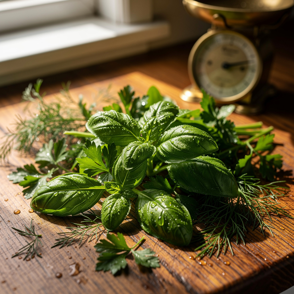 Freshly harvested organic herbs held in a gentle hand