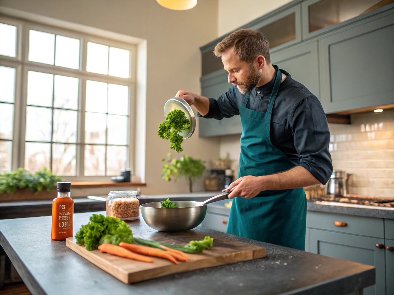 Close up of a chef preparing organic vegetables in a bright kitchen