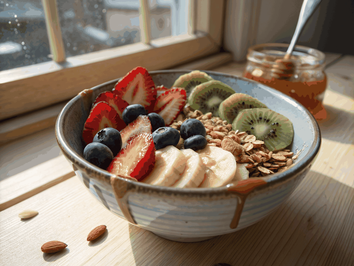 Fresh morning breakfast bowl with seasonal fruits and nuts